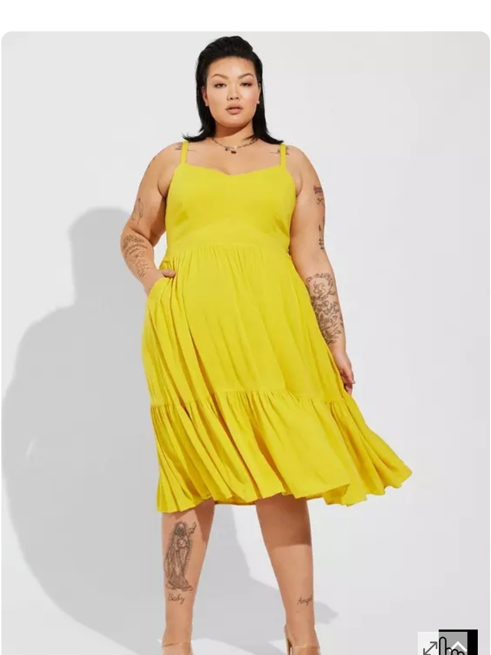 Yellow Spaghetti Strap Midi Rayon Slub Tiered Dress